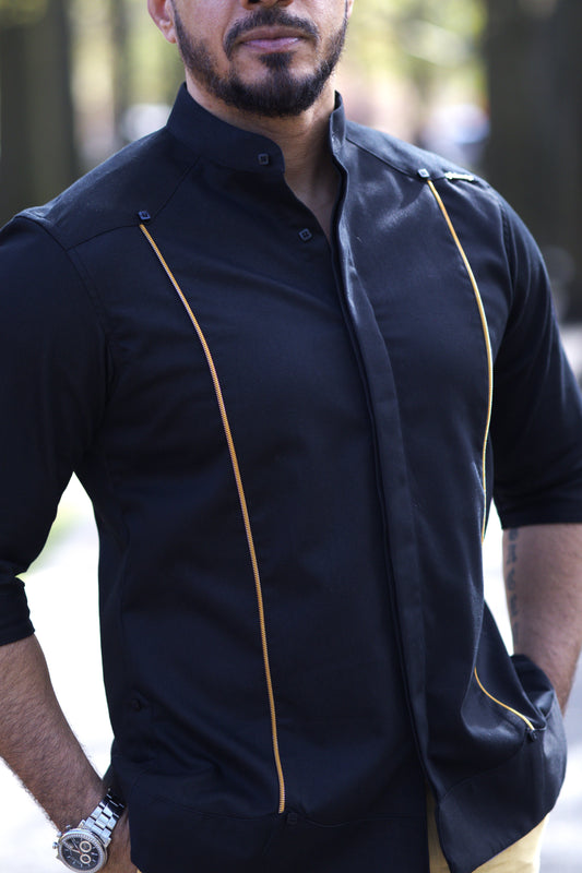 Handmade Black Guayabera with Contrast Piping